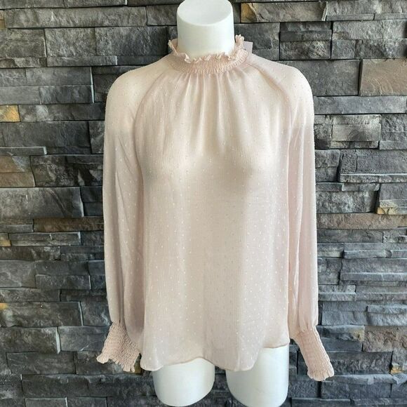 Ann Taylor Pale Pink Semi-Sheer Mock Neck Long Sleeve Blouse Top Small NWT‎ - Picture 1 of 6